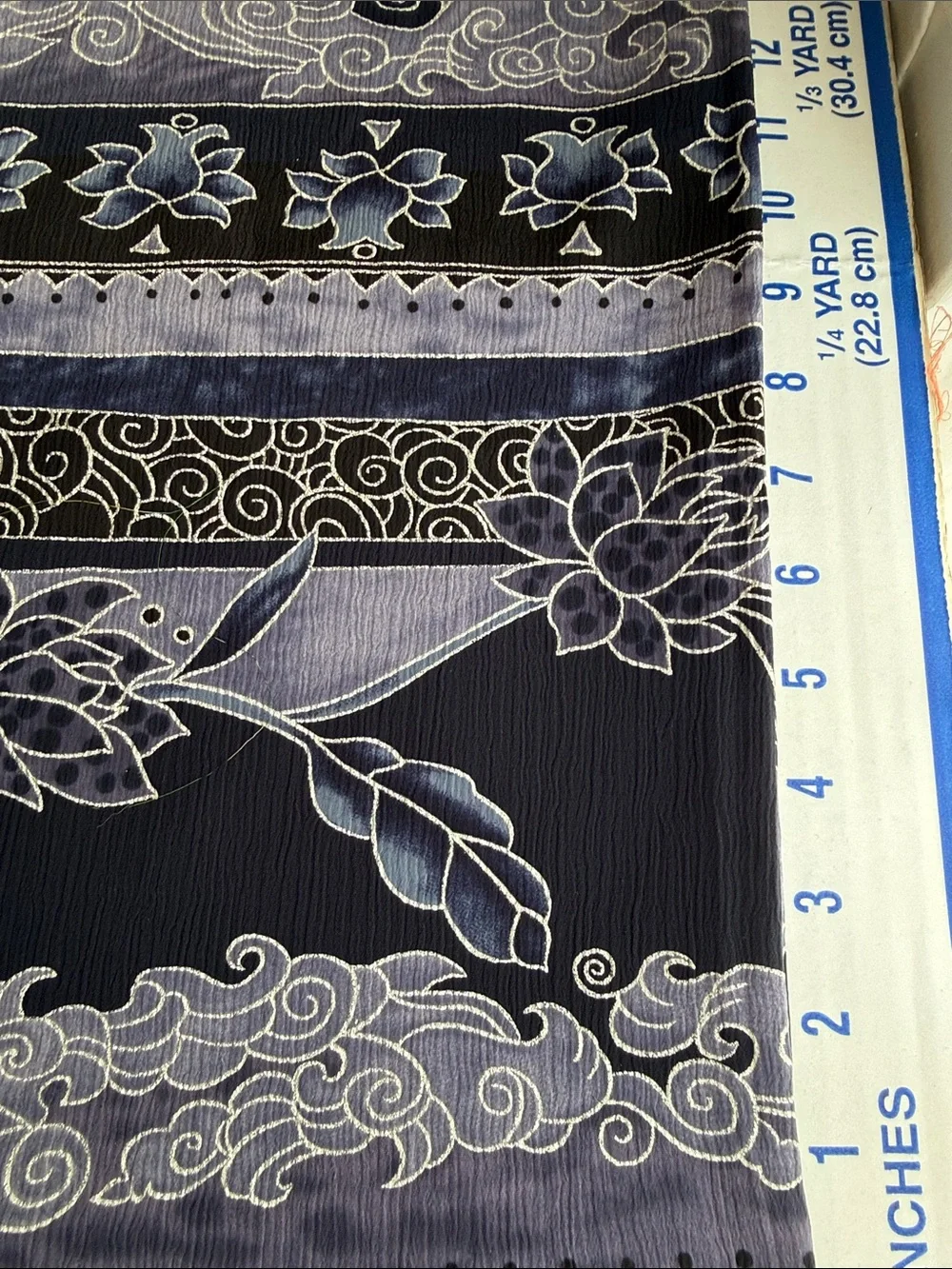 Vintage 1980s Crinkle Crepe Fabric Asian Floral Stripe Black Blue 3 1/3 Yds